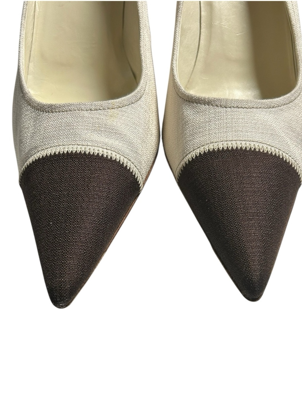 Prada Vintage Canvas Spectator Pumps Pointed Toe Beige Brown Heels 41 US 10.5 - Picture 3 of 12